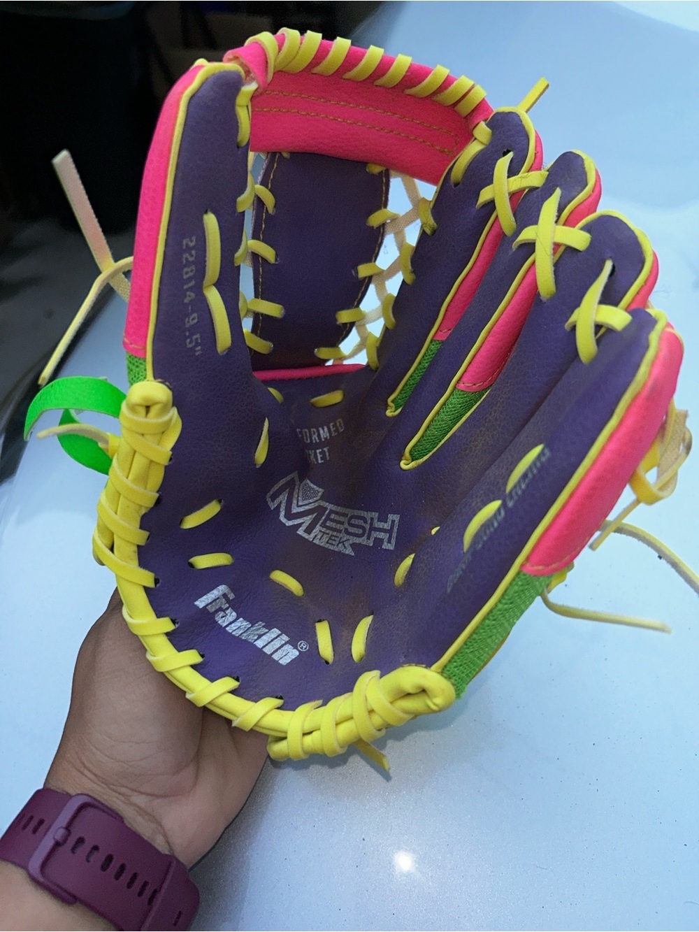 Franklin Kids Purple & Pink Youth Baseball Glove with Neon Yellow Lacing